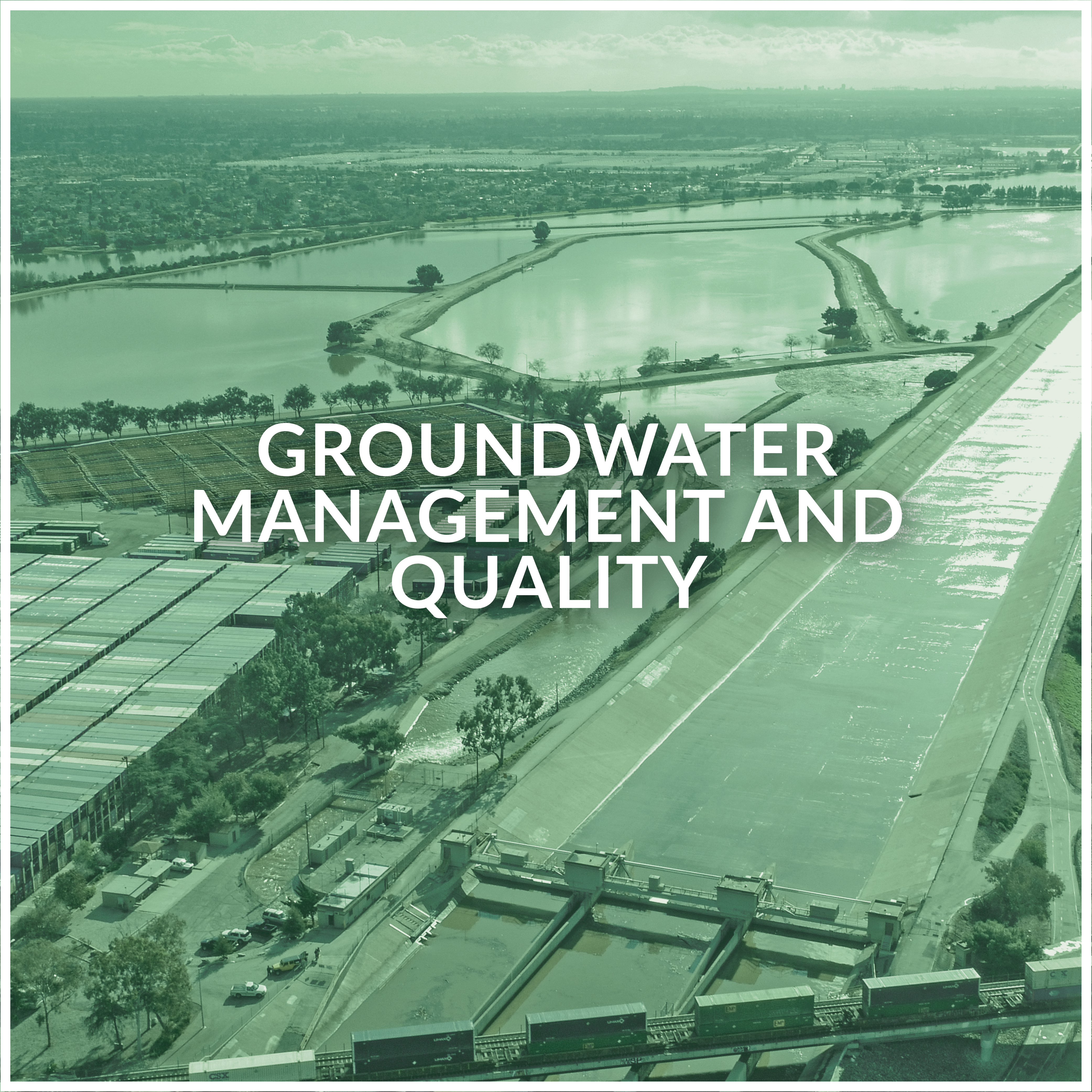 Groundwater management and quality button with a green hue and a picture of groundwater recharge basin that takes you to more information about the groundwater management and quality targets 